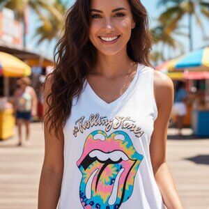Vintage Vibes Rolling Stones T-shirt white with pastel lips graphic Large